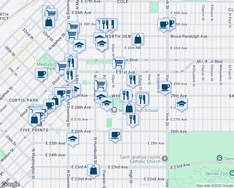 map of restaurants, bars, coffee shops, grocery stores, and more near 2940 Gilpin Street in Denver