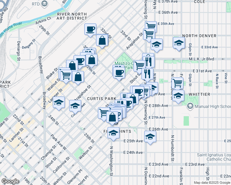 map of restaurants, bars, coffee shops, grocery stores, and more near 2930 Champa Street in Denver