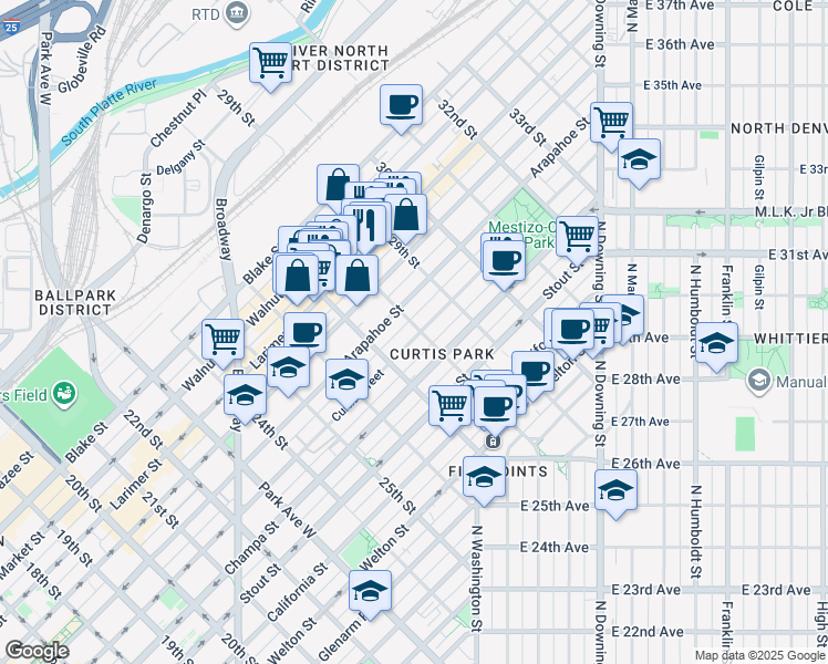 map of restaurants, bars, coffee shops, grocery stores, and more near 2810 Arapahoe Street in Denver