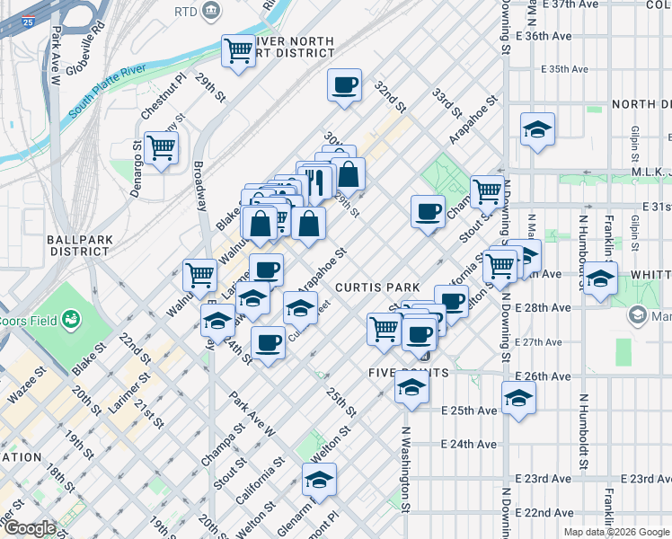 map of restaurants, bars, coffee shops, grocery stores, and more near 2759 Arapahoe Street in Denver