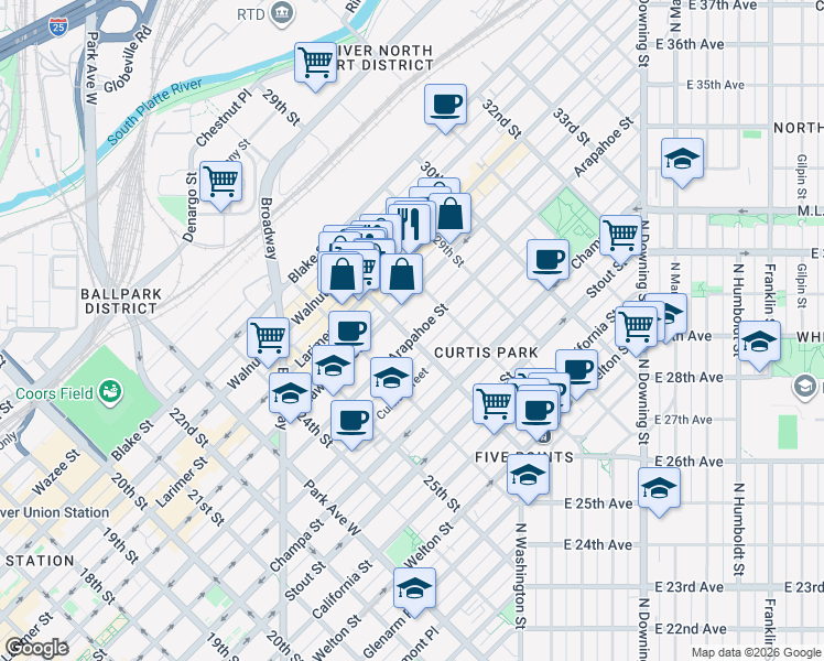 map of restaurants, bars, coffee shops, grocery stores, and more near 2759 Arapahoe Street in Denver