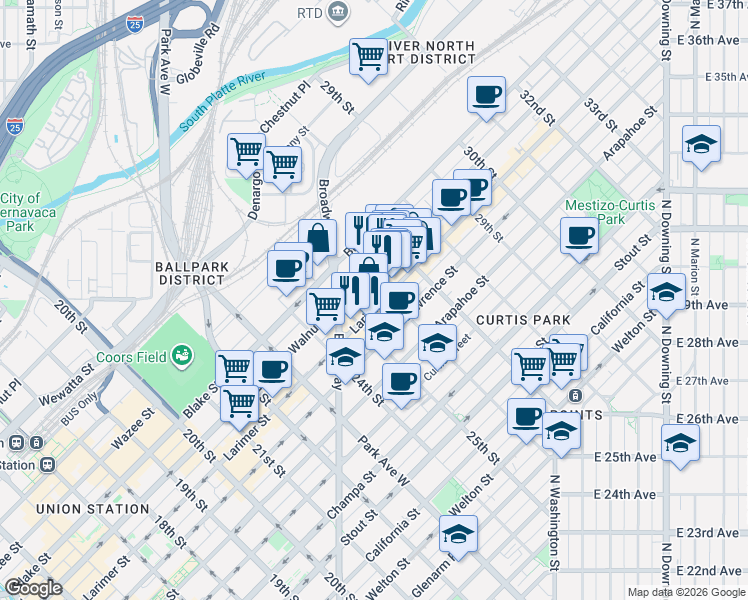 map of restaurants, bars, coffee shops, grocery stores, and more near 2555 Walnut Street in Denver