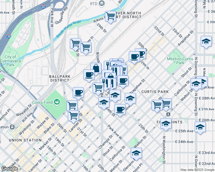 map of restaurants, bars, coffee shops, grocery stores, and more near 2555 Walnut Street in Denver
