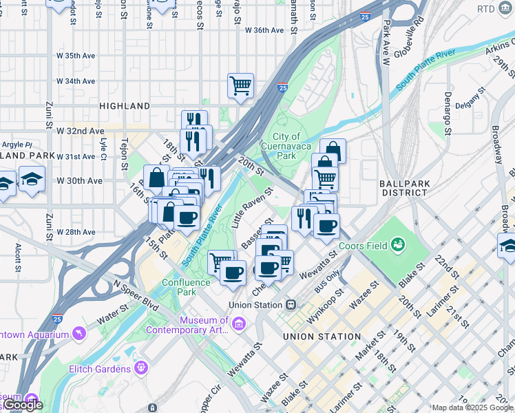 map of restaurants, bars, coffee shops, grocery stores, and more near in Denver