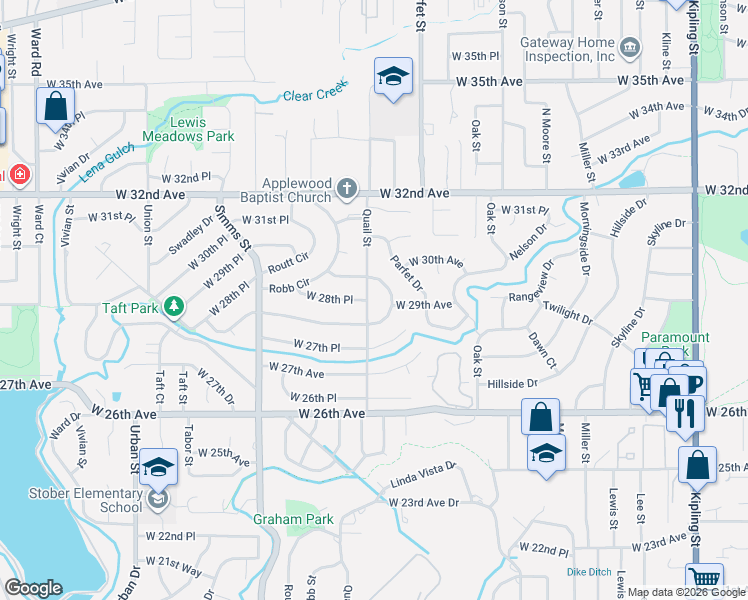 map of restaurants, bars, coffee shops, grocery stores, and more near 2968 Pierson Way in Lakewood