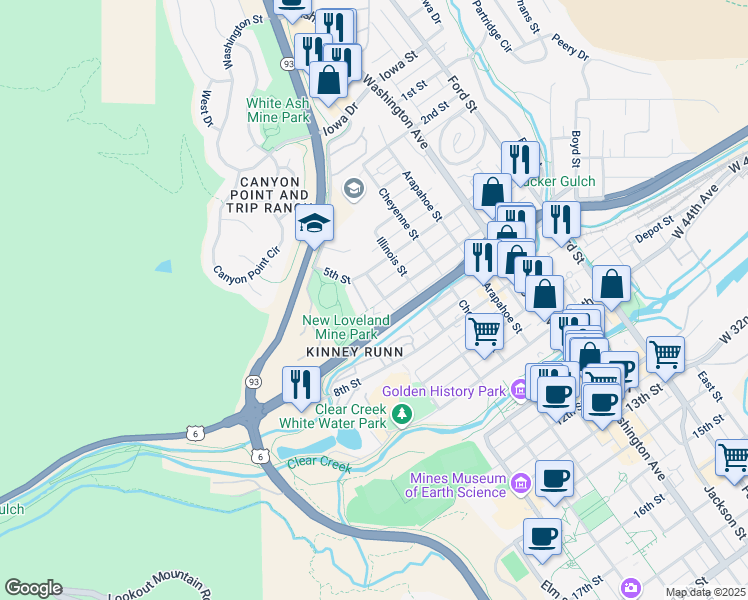 map of restaurants, bars, coffee shops, grocery stores, and more near 505 Maple Street in Golden