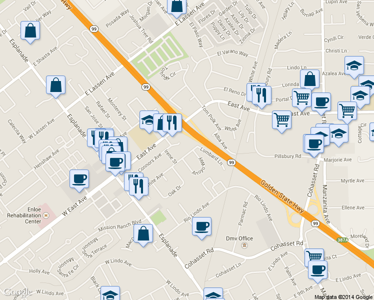 map of restaurants, bars, coffee shops, grocery stores, and more near 392 Connors Court in Chico