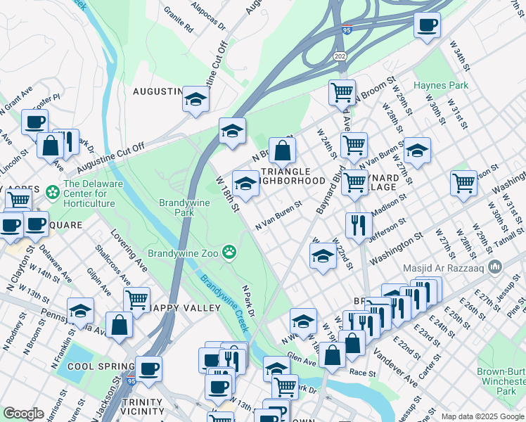 map of restaurants, bars, coffee shops, grocery stores, and more near 800 West 20th Street in Wilmington