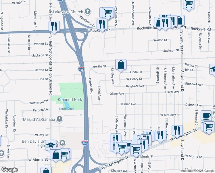 map of restaurants, bars, coffee shops, grocery stores, and more near 5837 West Henry Street in Indianapolis