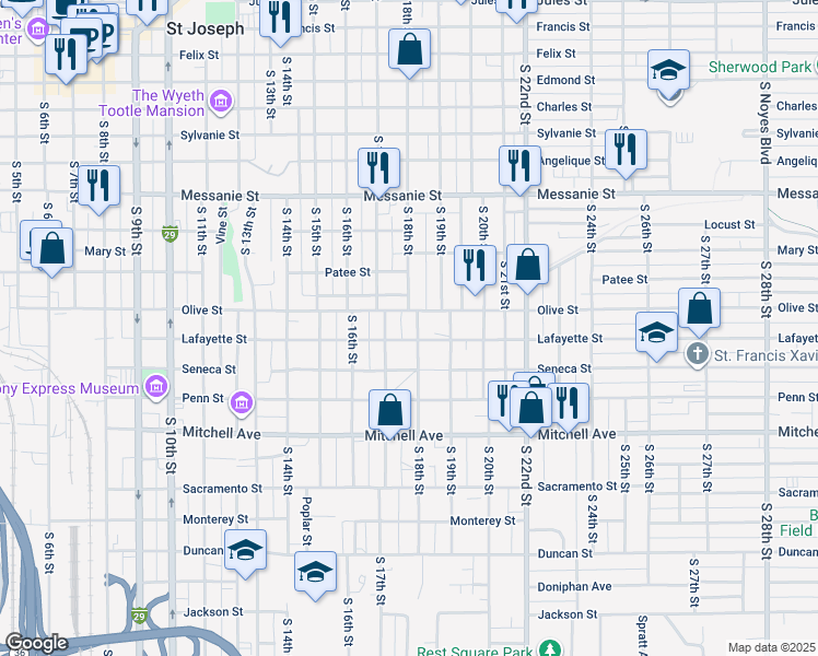 map of restaurants, bars, coffee shops, grocery stores, and more near 1721 Olive Street in Saint Joseph