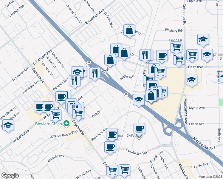 map of restaurants, bars, coffee shops, grocery stores, and more near 2395 Lombard Lane in Chico