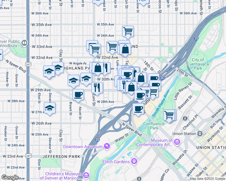 map of restaurants, bars, coffee shops, grocery stores, and more near W 29th Ave & Vallejo St in Denver