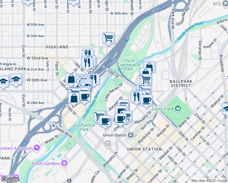 map of restaurants, bars, coffee shops, grocery stores, and more near in Denver