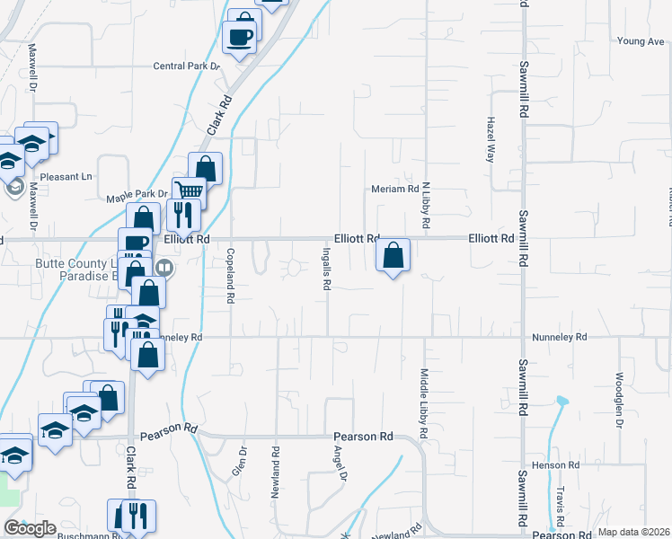 map of restaurants, bars, coffee shops, grocery stores, and more near 5852 Ingalls Road in Paradise