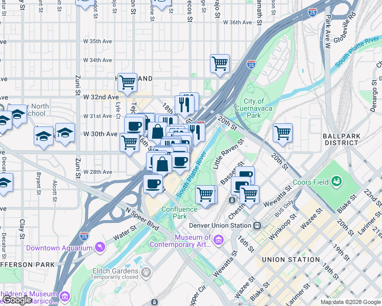 map of restaurants, bars, coffee shops, grocery stores, and more near 1710 Platte Street in Denver