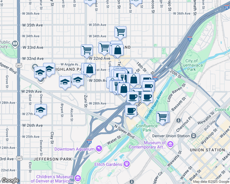 map of restaurants, bars, coffee shops, grocery stores, and more near 4836 15th Street in Denver