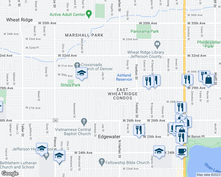 map of restaurants, bars, coffee shops, grocery stores, and more near 6190 West 29th Place in Wheat Ridge