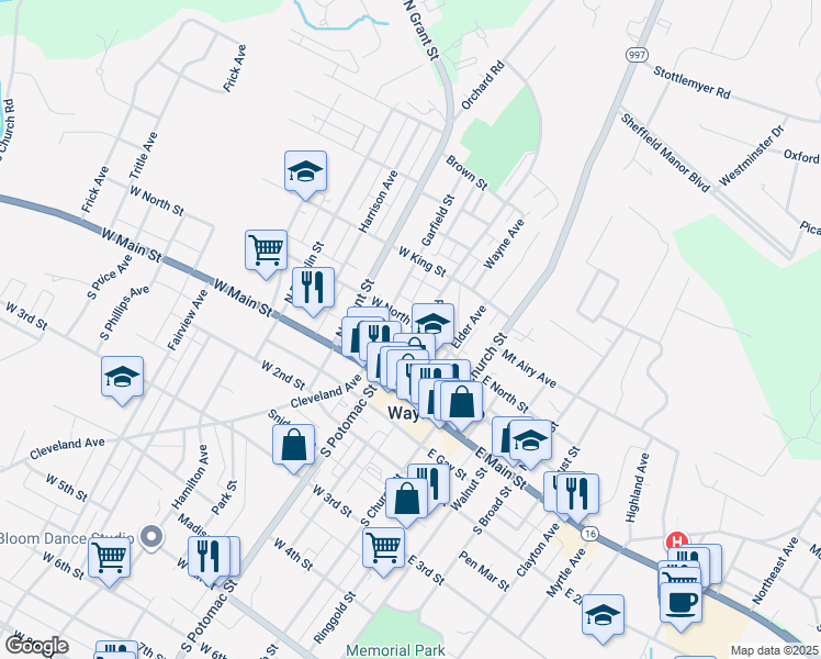 map of restaurants, bars, coffee shops, grocery stores, and more near 50 North Potomac Street in Waynesboro