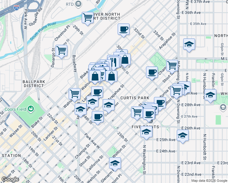 map of restaurants, bars, coffee shops, grocery stores, and more near 2759 Arapahoe Street in Denver