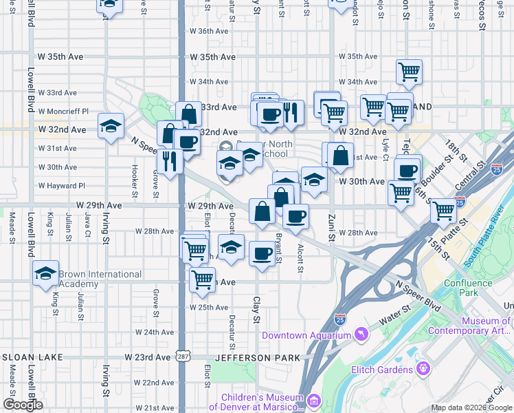 map of restaurants, bars, coffee shops, grocery stores, and more near 3331 Clay Street in Denver