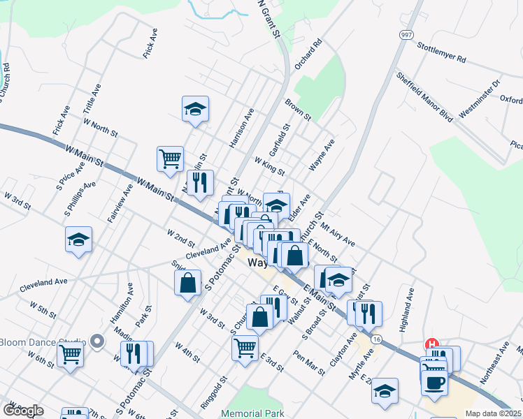 map of restaurants, bars, coffee shops, grocery stores, and more near 50 North Potomac Street in Waynesboro