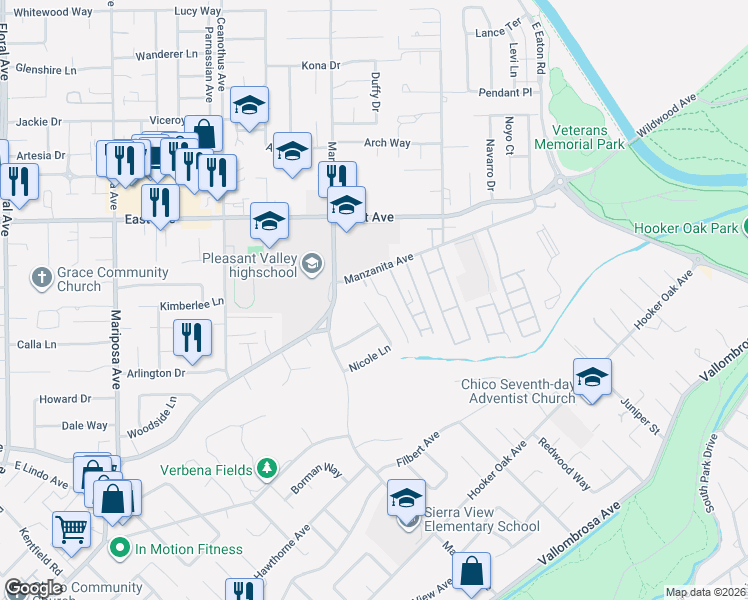 map of restaurants, bars, coffee shops, grocery stores, and more near 34 Nicole Lane in Chico