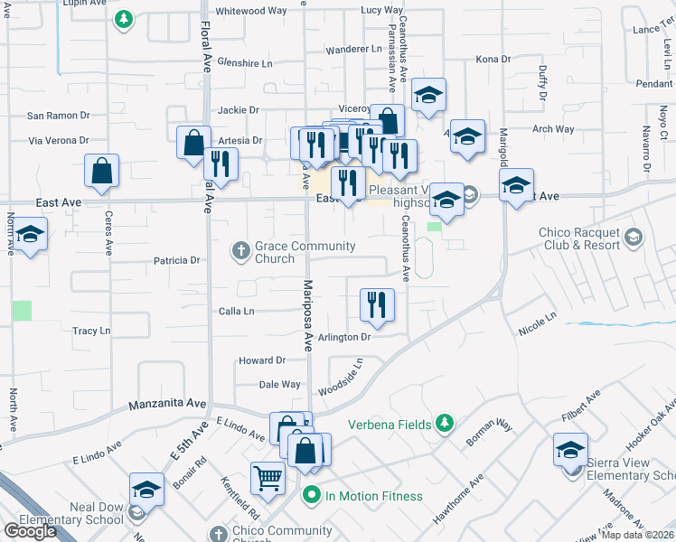 map of restaurants, bars, coffee shops, grocery stores, and more near 13 Kimberlee Lane in Chico