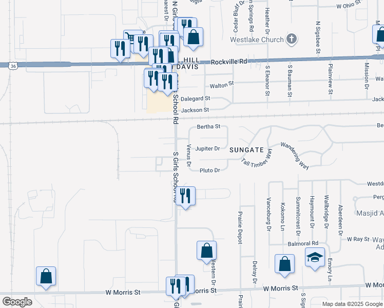 map of restaurants, bars, coffee shops, grocery stores, and more near 7202 Jupiter Drive in Indianapolis