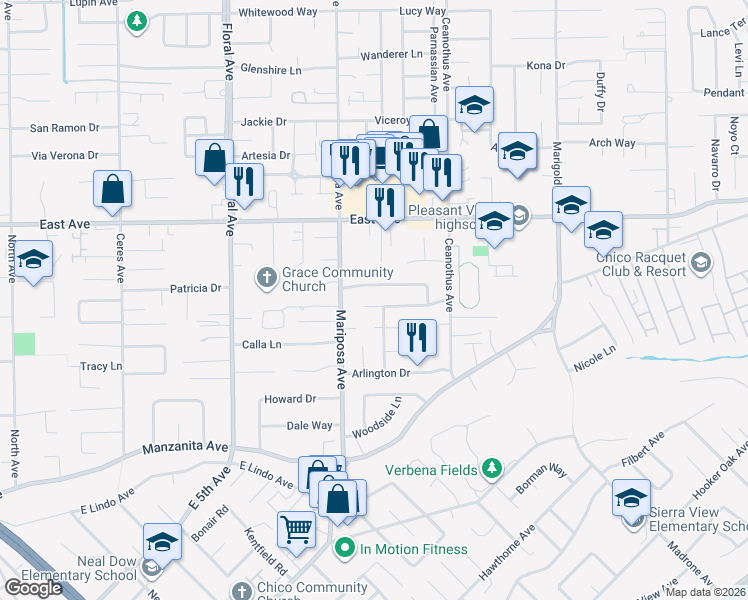 map of restaurants, bars, coffee shops, grocery stores, and more near 13 Kimberlee Lane in Chico
