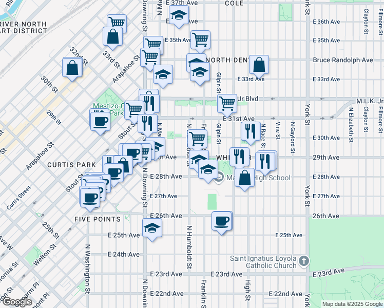 map of restaurants, bars, coffee shops, grocery stores, and more near 2939 Humboldt Street in Denver