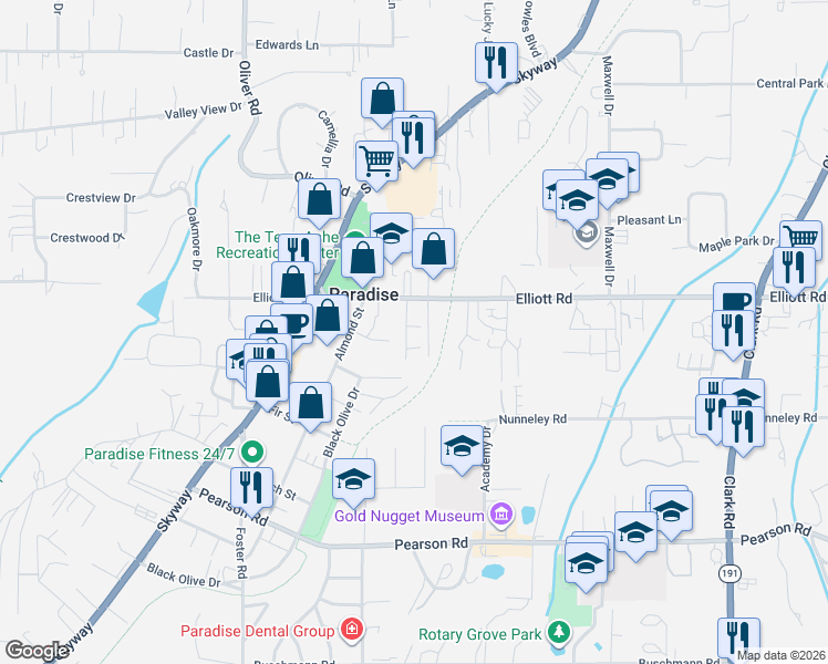 map of restaurants, bars, coffee shops, grocery stores, and more near 802 Windsor Drive in Paradise