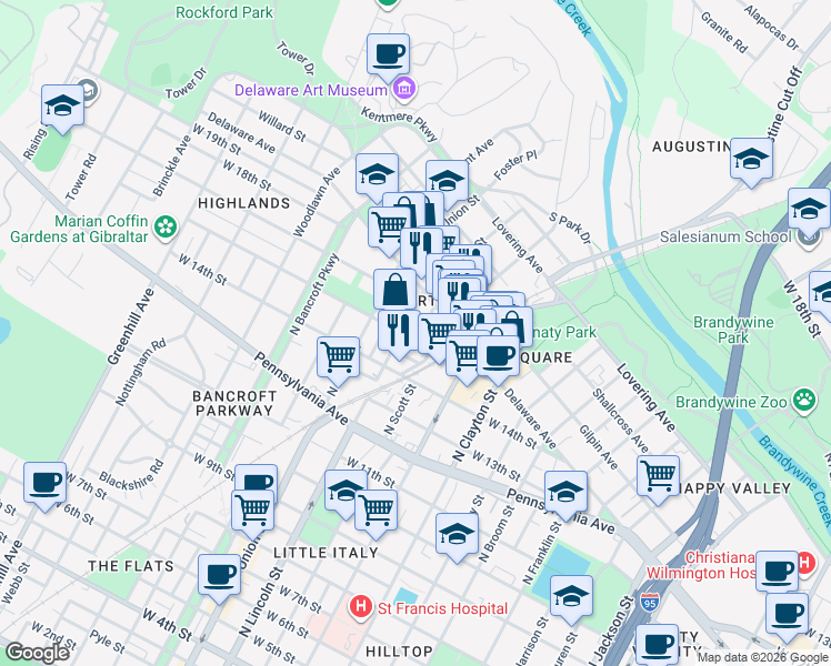 map of restaurants, bars, coffee shops, grocery stores, and more near in Wilmington