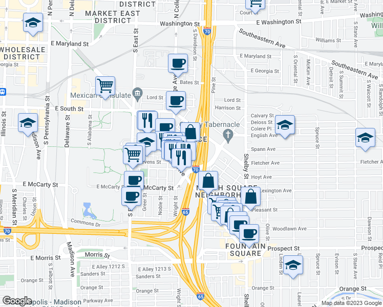 map of restaurants, bars, coffee shops, grocery stores, and more near 735 Lexington Avenue in Indianapolis