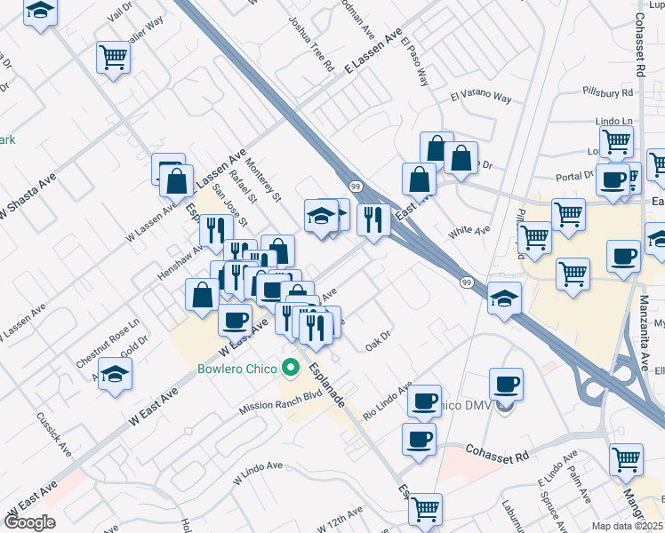 map of restaurants, bars, coffee shops, grocery stores, and more near 290 East Avenue in Chico