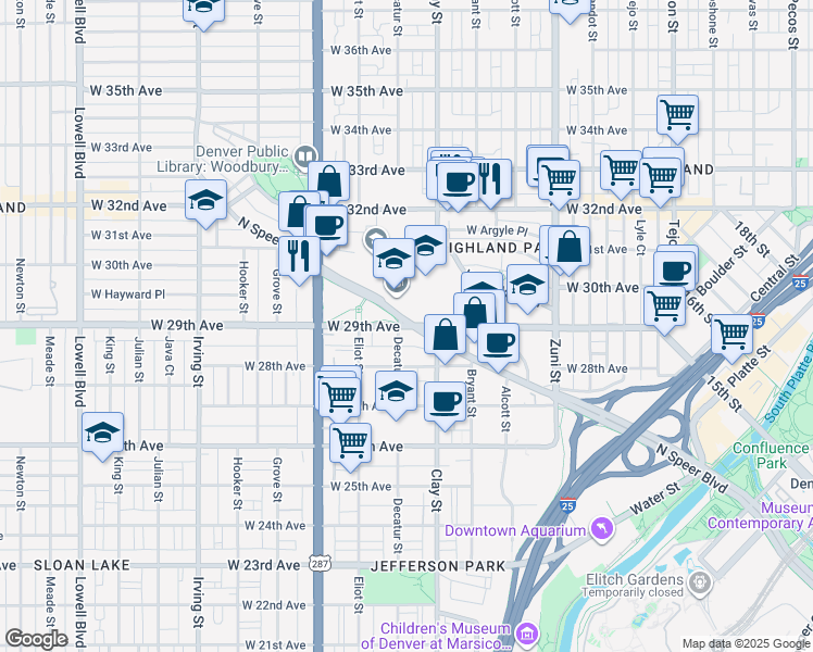 map of restaurants, bars, coffee shops, grocery stores, and more near 2801 West 29th Avenue in Denver