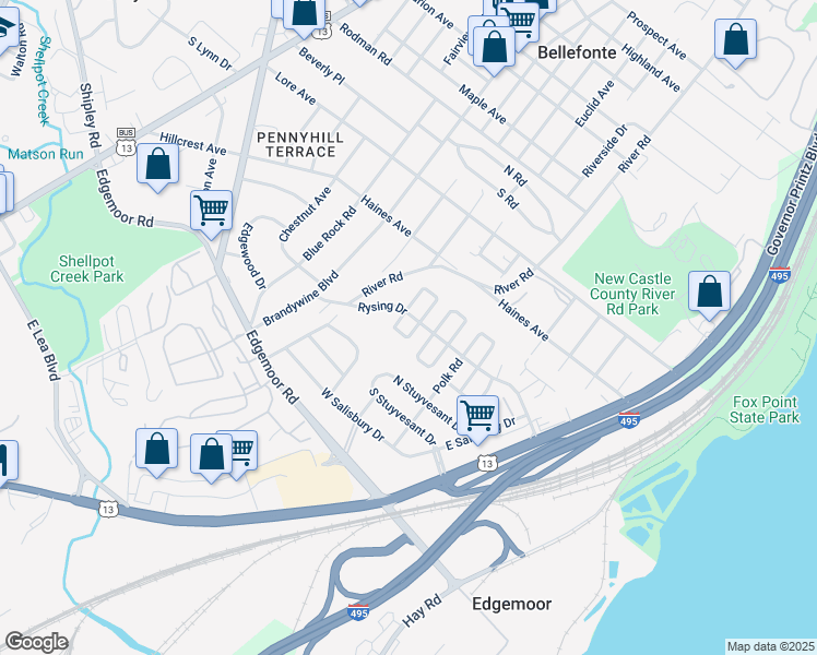 map of restaurants, bars, coffee shops, grocery stores, and more near 22 South Pennewell Drive in Wilmington