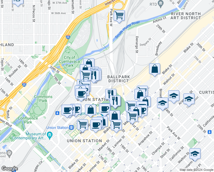 map of restaurants, bars, coffee shops, grocery stores, and more near Fox Street in Denver