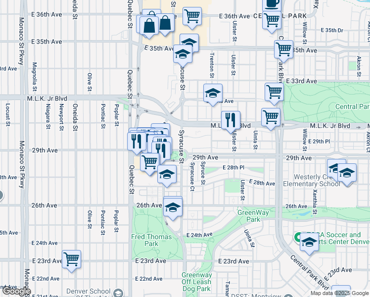 map of restaurants, bars, coffee shops, grocery stores, and more near 2960 Syracuse Street in Denver