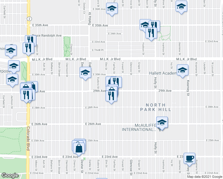 map of restaurants, bars, coffee shops, grocery stores, and more near 2930 Fairfax Street in Denver
