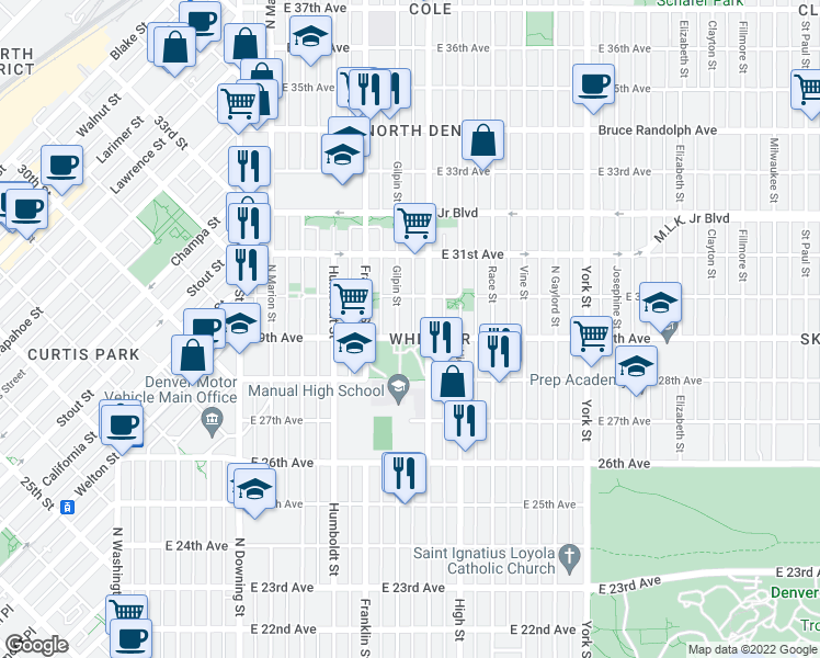 map of restaurants, bars, coffee shops, grocery stores, and more near 2940 Gilpin Street in Denver