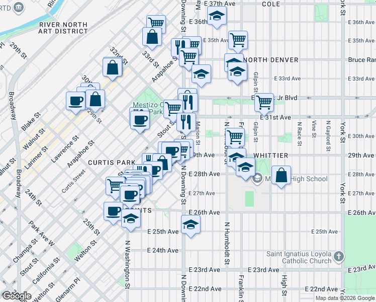 map of restaurants, bars, coffee shops, grocery stores, and more near in Denver