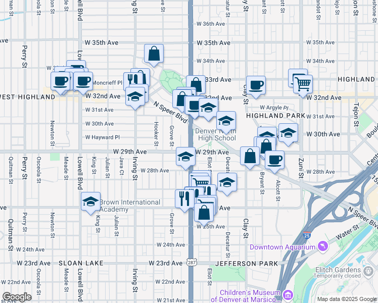 map of restaurants, bars, coffee shops, grocery stores, and more near 2905 Federal Boulevard in Denver