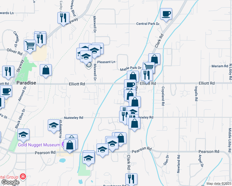 map of restaurants, bars, coffee shops, grocery stores, and more near 1038 Elliott Road in Paradise