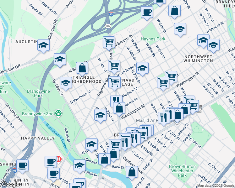 map of restaurants, bars, coffee shops, grocery stores, and more near 2404 North Monroe Street in Wilmington