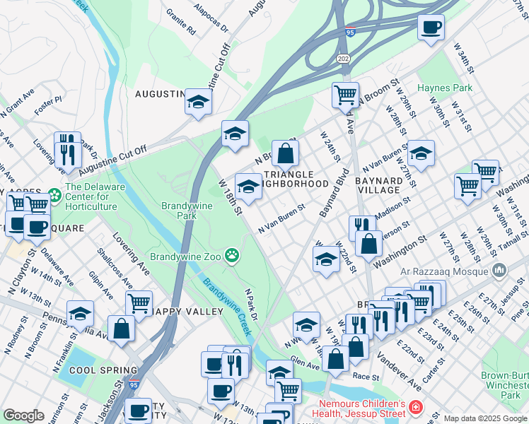map of restaurants, bars, coffee shops, grocery stores, and more near 800 West 20th Street in Wilmington