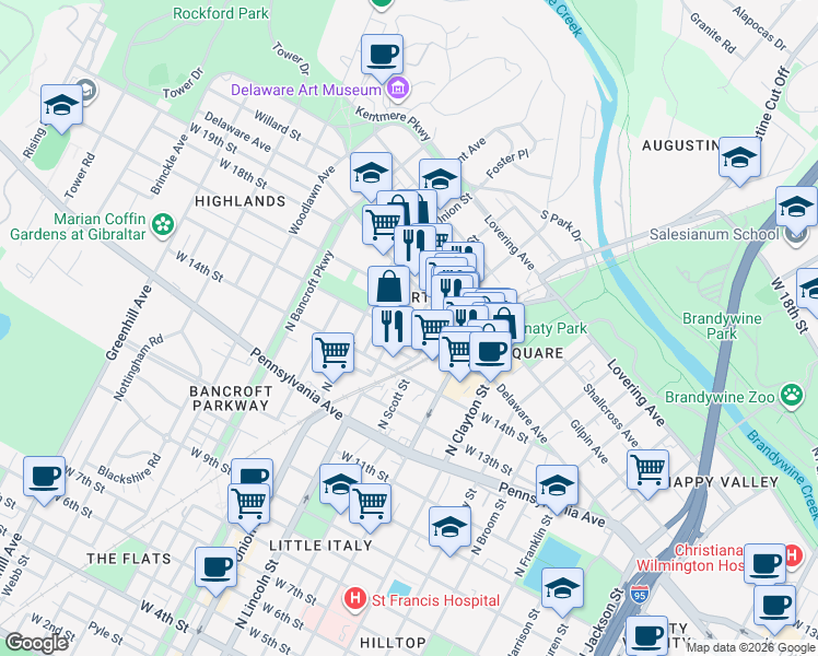map of restaurants, bars, coffee shops, grocery stores, and more near in Wilmington
