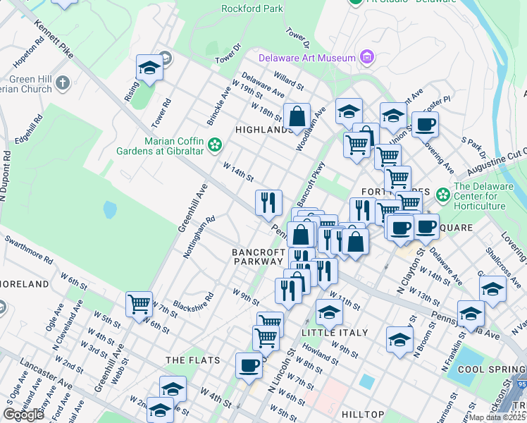 map of restaurants, bars, coffee shops, grocery stores, and more near 2334 West 14th Street in Wilmington