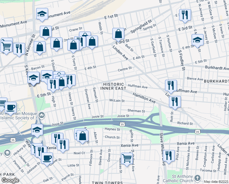 map of restaurants, bars, coffee shops, grocery stores, and more near 32 Hamilton Avenue in Dayton