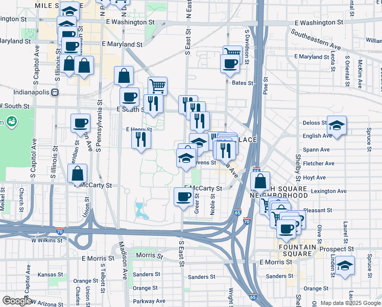 map of restaurants, bars, coffee shops, grocery stores, and more near 545 South East Street in Indianapolis