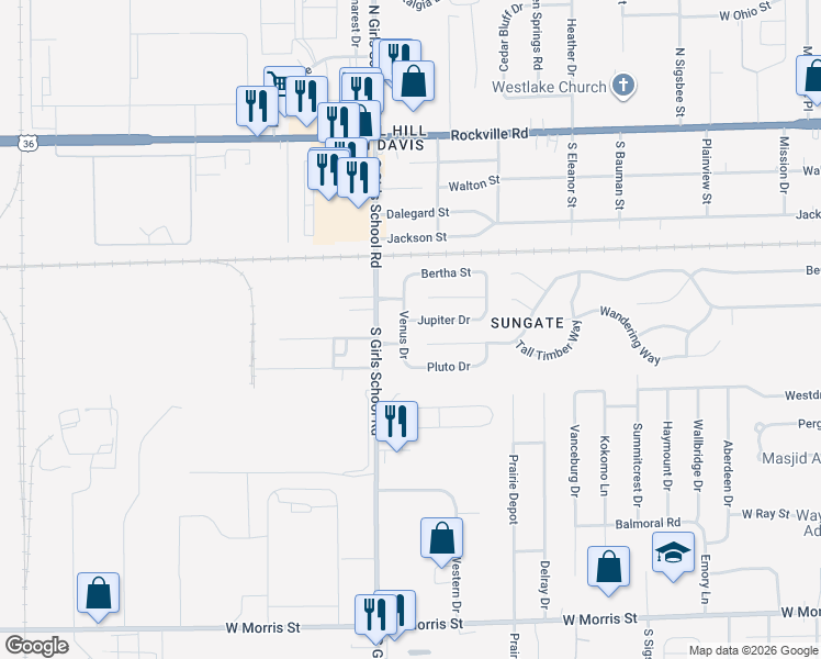 map of restaurants, bars, coffee shops, grocery stores, and more near 7202 Jupiter Drive in Indianapolis